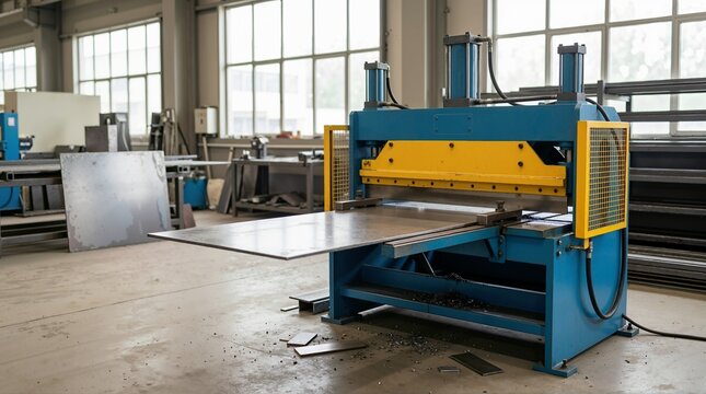 Steel plate shearing machine cutting metal sheet in workshop. Industrial hydraulic guillotine shear equipment