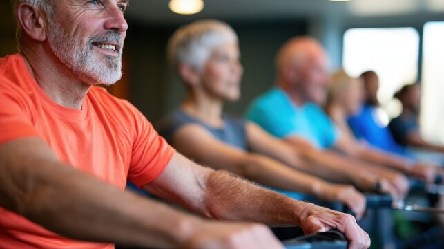 Diverse group exercising on rowing machines in bright fitness studio