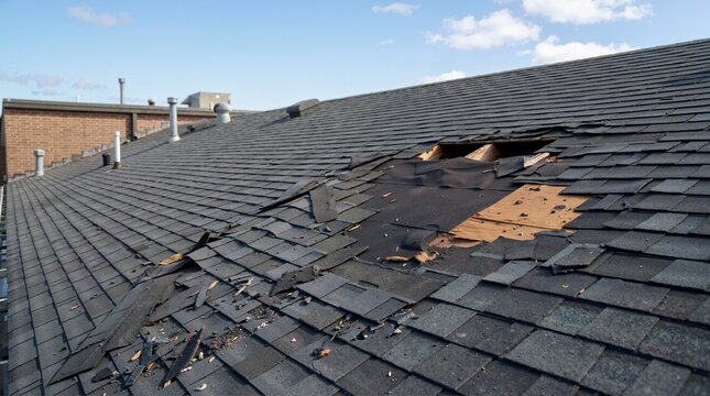 Damaged asphalt shingle roof with exposed decking after a storm. Roof repair and property insurance claim concept
