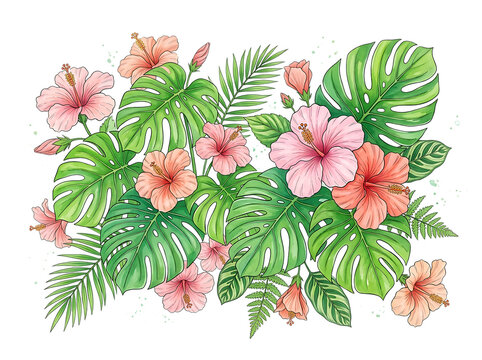 Watercolor tropical hibiscus flowers and monstera leaves arrangement on white background