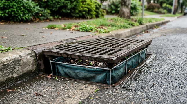 Storm drain insert filter installed under street grate to trap pollution. Environmental sediment control and stormwater management concept