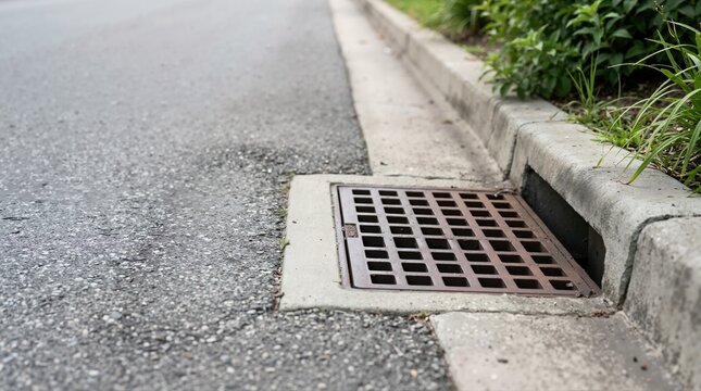 Storm drain catch basin grate along a concrete curb on asphalt road. Urban drainage infrastructure and municipal water management