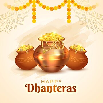 Happy dhanteras greeting card with golden coins and jewelry in pots