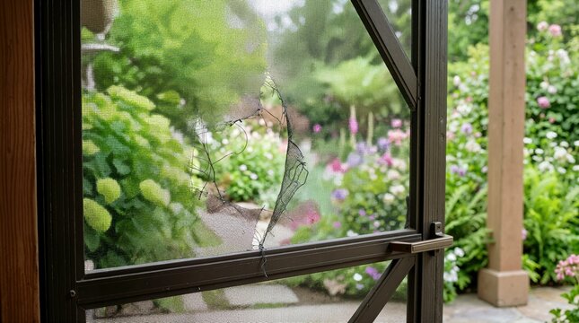 Torn mesh screen on patio door frame. Damaged window insect screen needing repair in home garden background