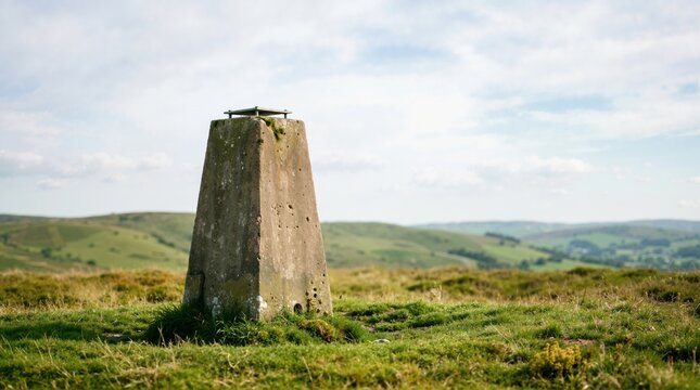 Concrete triangulation point pillar on grassy hill summit. Trig station marker overlooking rolling countryside landscape