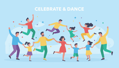 Fototapeta premium Diverse group of happy people, adults and children, are jumping and dancing together in a joyful celebration scene.