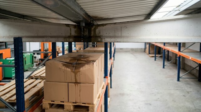 Water leaking from warehouse ceiling onto cardboard boxes on pallets. Roof leak causing industrial storage damage