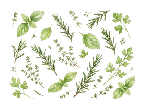 Watercolor set of fresh culinary herbs isolated on white background