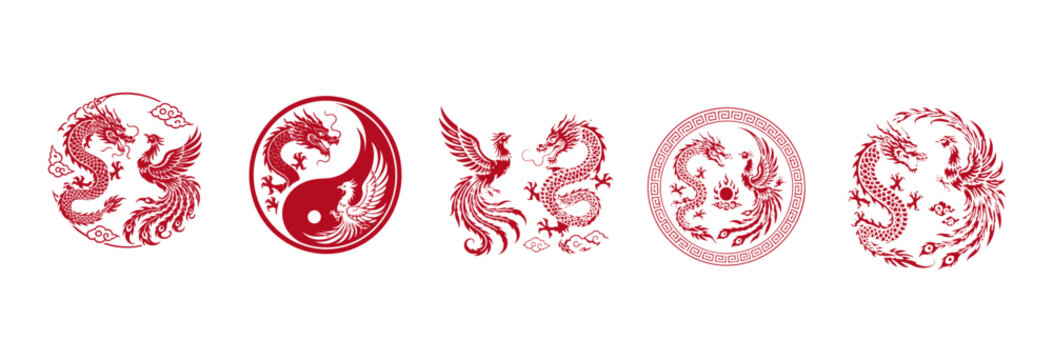Set of chinese zodiac dragon and phoenix circular emblems in red color for traditional cultural logo and graphic design projects.