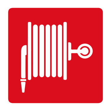 Fire hose reel or fire fighting equipment red square sign vector illustration