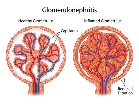 Healthy vs inflamed glomerulus in kidney cross-section illustration isolated on white background