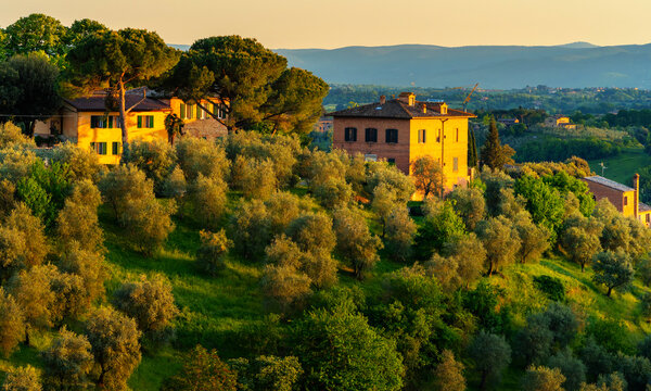 Blick auf die historische Stadtmauer mit der gew&ouml;lbten Stra&szlig;e Via Paolo Mascagni, alte Stadtbefestigung, Siena, Toskana, Italien,