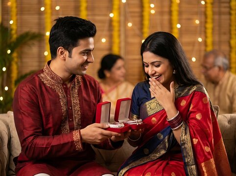 Indian couple celebrating festival with jewelry gift