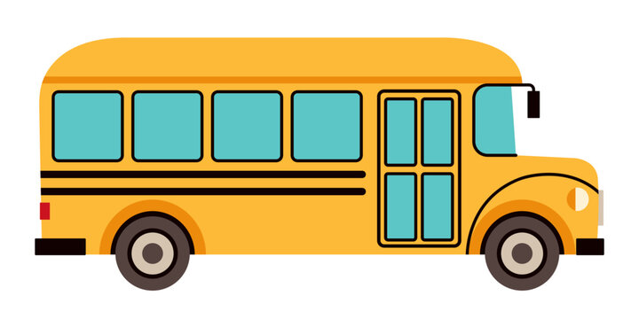 Colorful school bus vector illustration in flat cartoon style, isolated on white background. Bright yellow vehicle for education, transportation, children, school, back to school design. Hand drawn.