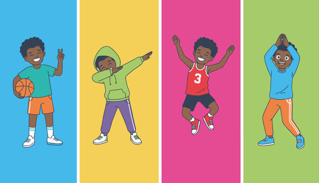 Group of four energetic young boys in different poses like playing basketball, dabbing, jumping, and dancing against colorful backdrops.
