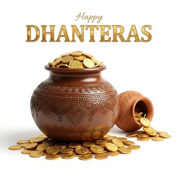Happy dhanteras greeting with traditional clay pots filled with gold coins