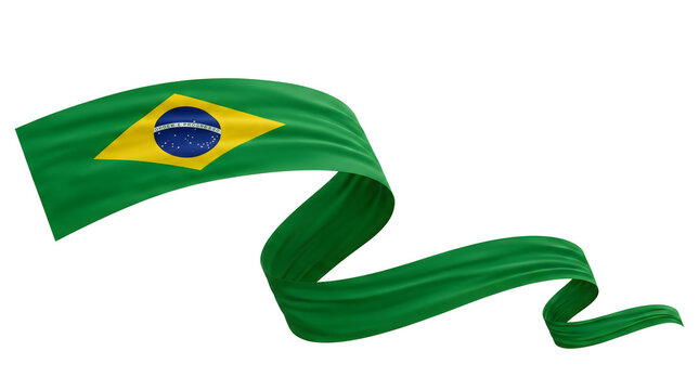 Brazil flag ribbon waving on white background. Brazilian national colors banner for sports and events. Green and yellow silk fabric streamer.