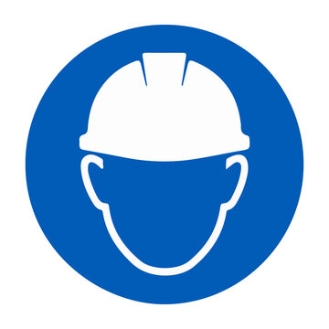 Hard hat required or wear safety helmet blue circle mandatory sign vector illustration