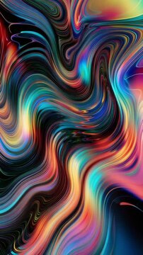 Abstract fluorescent rainbow waves flowing and swirling in smooth liquid patterns, vibrant neon colors creating a psychedelic fluid motion background with glossy texture