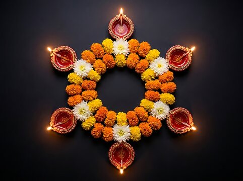 Diwali decoration with marigold flowers and lit clay lamps on black background