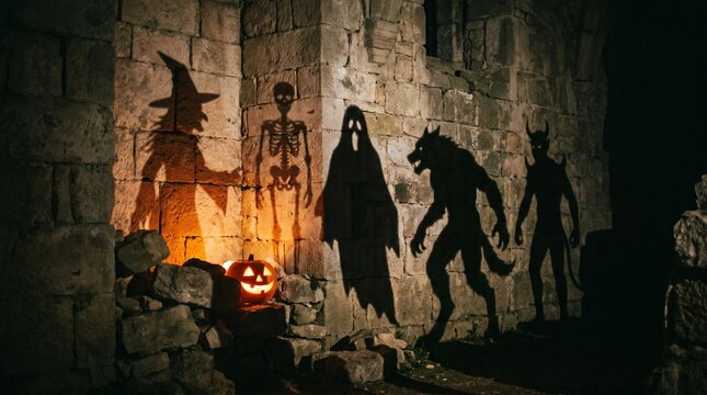 Spooky Monster Shadows of Witch Skeleton Ghost Werewolf and Devil Cast on Ancient Stone Wall with Glowing Jack-o'-Lantern