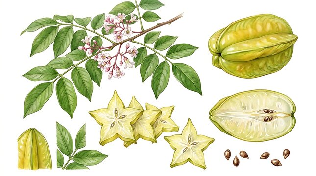 Watercolor illustration of starfruit or carambola with green leaves and sliced star shaped fruit pieces on white