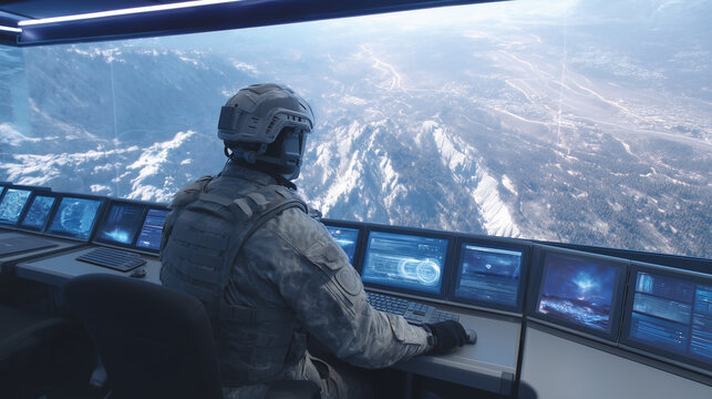 High-tech analyst in a futuristic control room with satellite feeds and holograms.