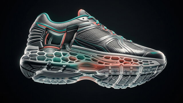 Futuristic running shoe cutaway with pressure-responsive foam midsole, expandable heel collar, air channels, and performance mesh upper.