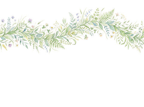 Watercolor floral border with green leaves and small flowers on white background