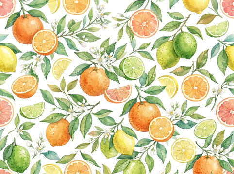 Watercolor citrus fruit seamless pattern with oranges, lemons, limes and green leaves