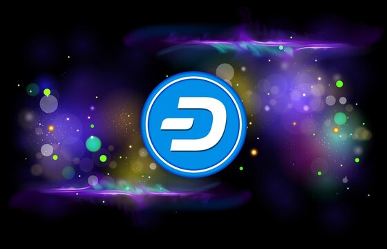 image of dash virtual currency on digital background. 3D drawings.