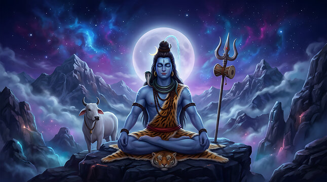 Serene blue deity meditating under luminous full moon amidst mystical mountain landscape