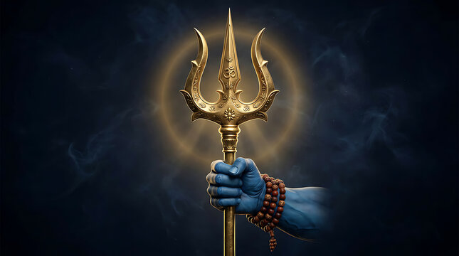 Powerful divine hand gripping a golden trident symbolizing spiritual strength and authority in a mystical dark background