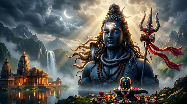 Majestic and serene depiction of Lord Shiva amidst lush mountains and sacred rivers under moonlit sky