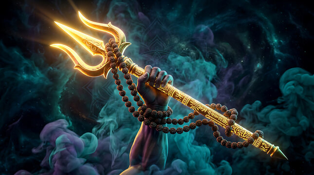 Mystical golden trident held by a powerful hand engulfed in swirling mystical smoke