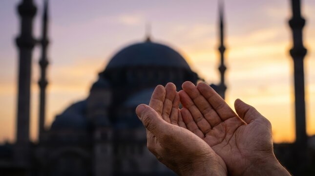 Hands in prayer pose before mosque dome silhouette.