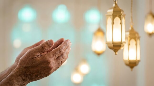 Human hands in prayer with blurry lantern background.