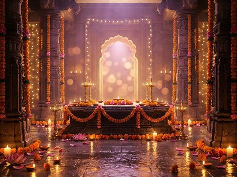 Traditional hindu temple interior decorated with marigold flowers and oil lamps