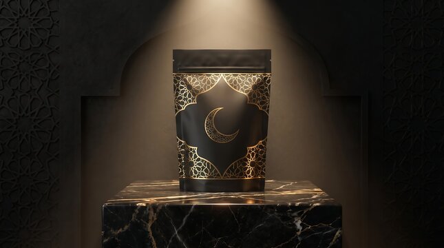 Elegant black pouch with intricate gold arabic moon pattern sitting on luxurious black marble pedestal under dramatic spotlight for ramadan festive marketing.