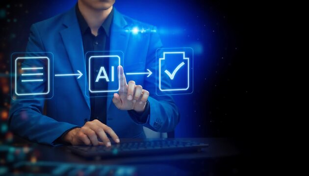 AI document processing automation. Businesswoman reviewing digital files for document summarization, approval validation, and document review to improve workflow efficiency