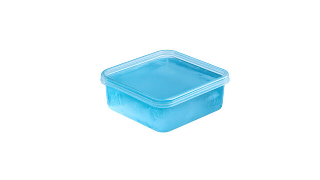 Square transparent plastic food storage container filled with bright blue gel substance with gelatinous substance