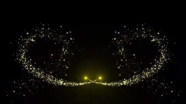 Luxury golden glitter sparkle trail animation with magical fairy dust, twinkling star particles, glowing swirl path, shimmering gold light effects on black background 4k