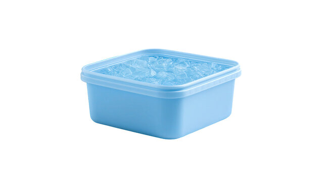 Light blue plastic storage container filled with chilled ice cubes isolated on white background with displays square light cubes captured high angle against plain refreshment
