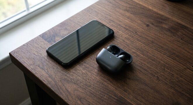 Modern Smartphone Wireless Earbuds Case Wooden Desk Surface