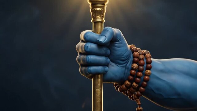 Symbolic Hand Holding a Trishula with Radiant Light Effects and Darkness Background