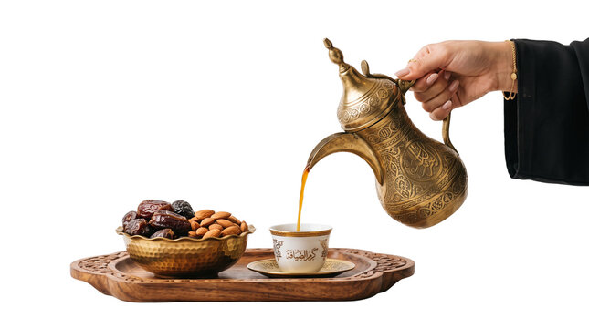 Traditional Arabic coffee pouring from golden dallah, middle eastern hospitality with dates and nuts, ramadan kareem celebration concept isolated PNG with Transparent Background