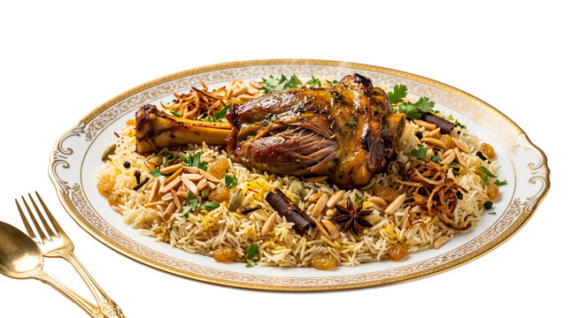 Traditional roasted lamb shank with mandi rice, middle eastern spiced meat platter, festive arabic cuisine with basmati rice and nuts isolated PNG with Transparent Background