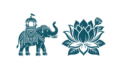 Fototapeta premium Decorated Indian elephant with ornate howdah and flag standing next to a blooming lotus flower, isolated vector graphic design. Flat vector illustration EPS 10.