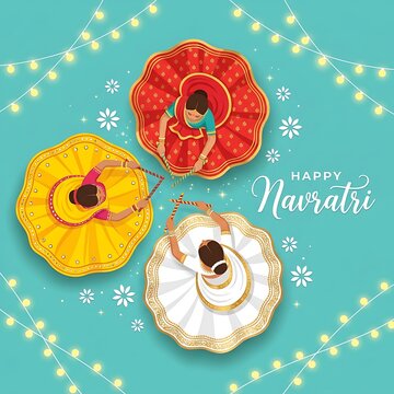 Top view of women performing garba dance with dandiya sticks for navratri festival