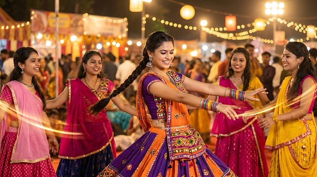 Group of young indian women dancing in traditional attire at a night festival